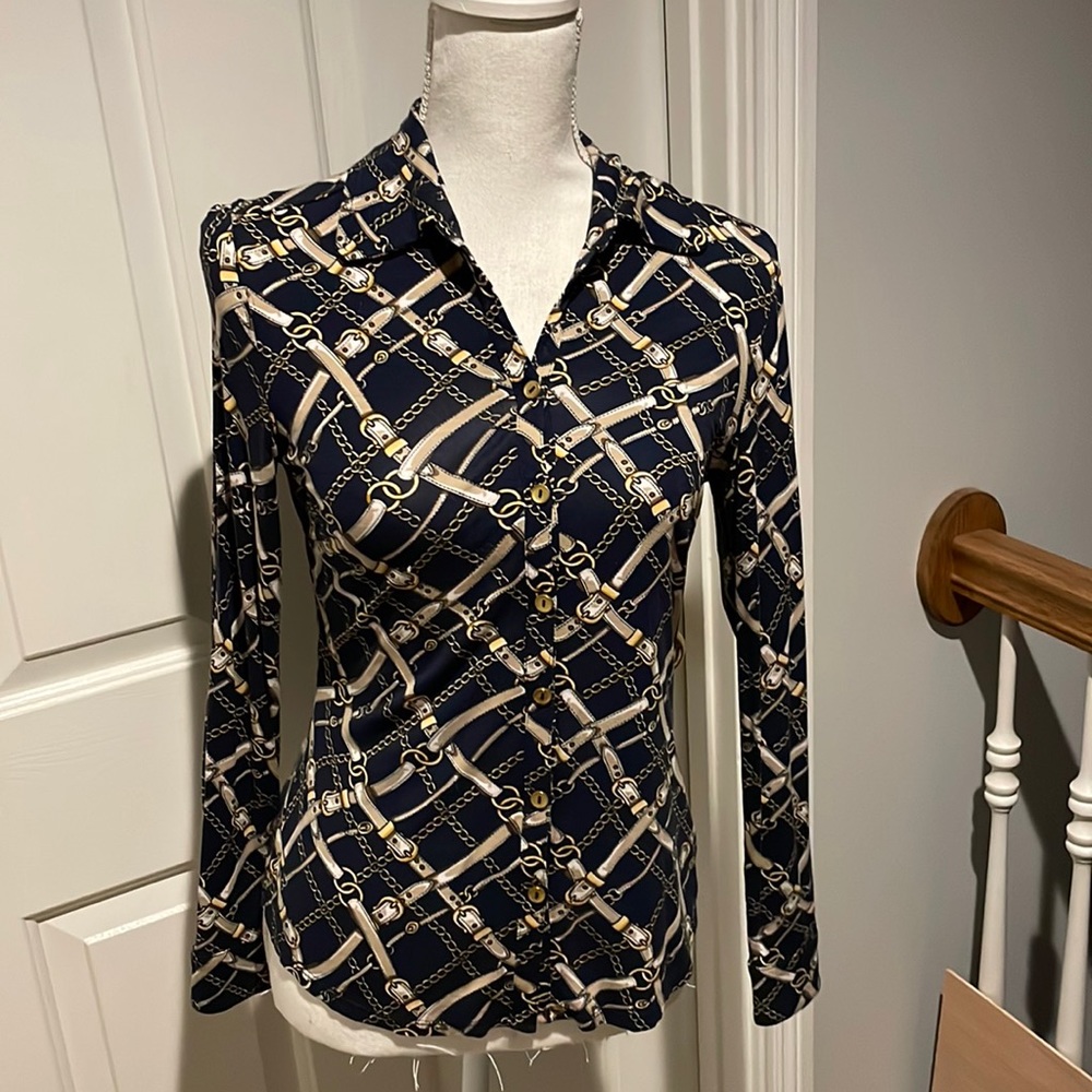 Ann Taylor Navy Chain Link Equestrian Print Shirt